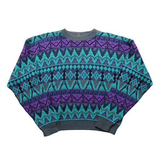 富士鳥古著屋 美國製 紫綠色幾何圖騰毛衣 圓領毛衣
