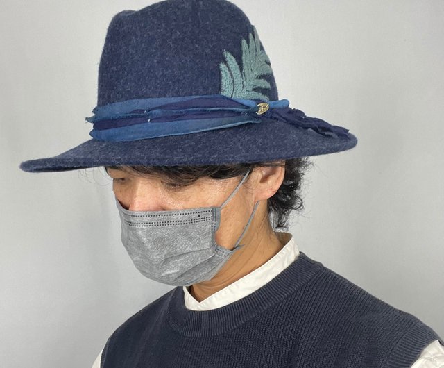 Wide brim wool hat Uzbekistan SUZANI Indigo dyed pigskin and