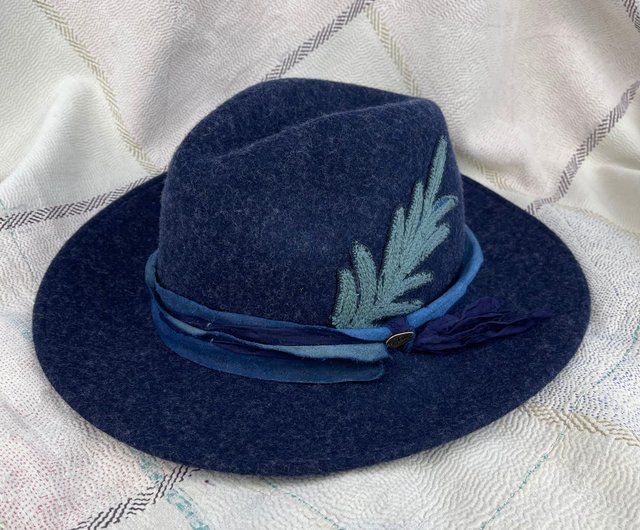 Wide brim wool hat Uzbekistan SUZANI Indigo dyed pigskin and