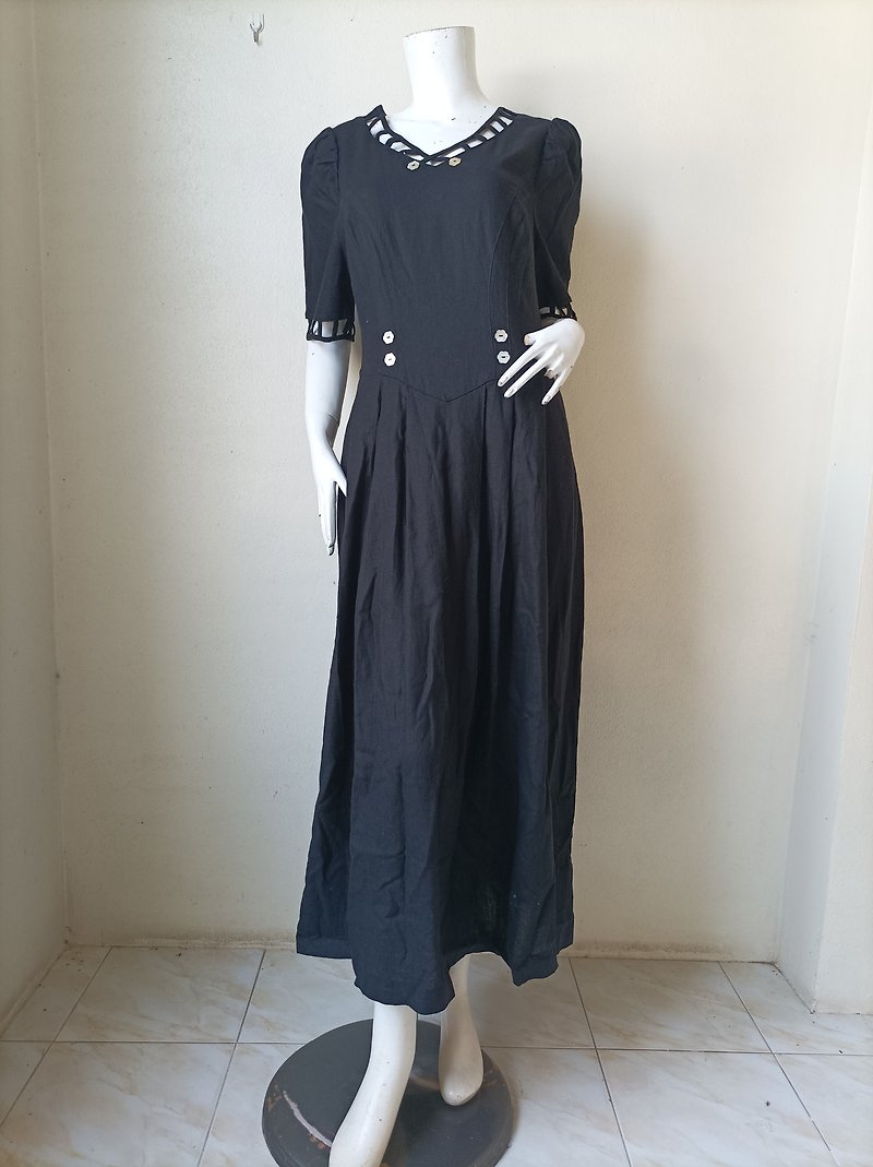 Vintage Meico Landhaus Look Black Linen maxi dress Size USA 14,. FB 44 - One Piece Dresses - Cotton & Hemp 