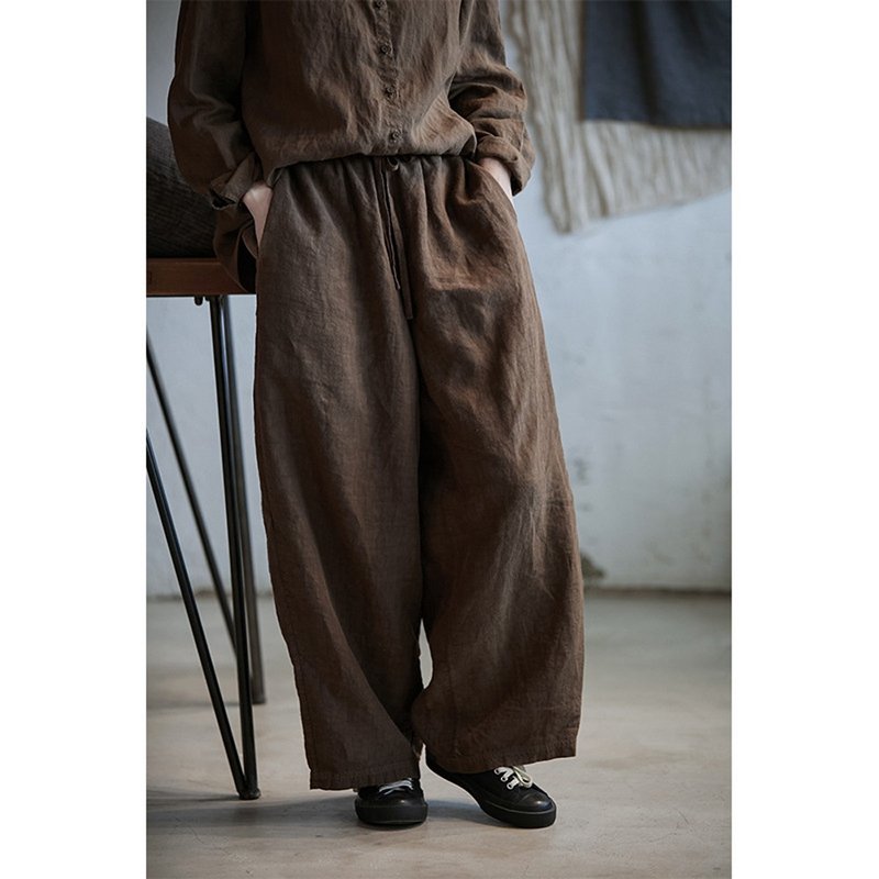 棕色亞麻布流浪蘿卜褲 - 女長褲 - 棉．麻 