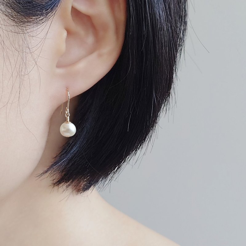 限量 - 中橢圓淡水珍珠 7.5mm 14Kgf 包金耳環 | 可改耳夾 - 耳環/耳夾/耳骨夾 - 珍珠 白色