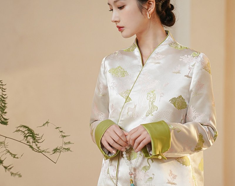 Helu Tong Spring Autumn and Winter Chinese style top temperament tea jacket suit - Women's Tops - Other Materials Green