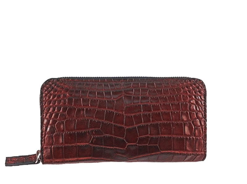 Crocodile Antique Zip Around Wallet - กระเป๋าสตางค์ - หนังแท้ สีนำ้ตาล