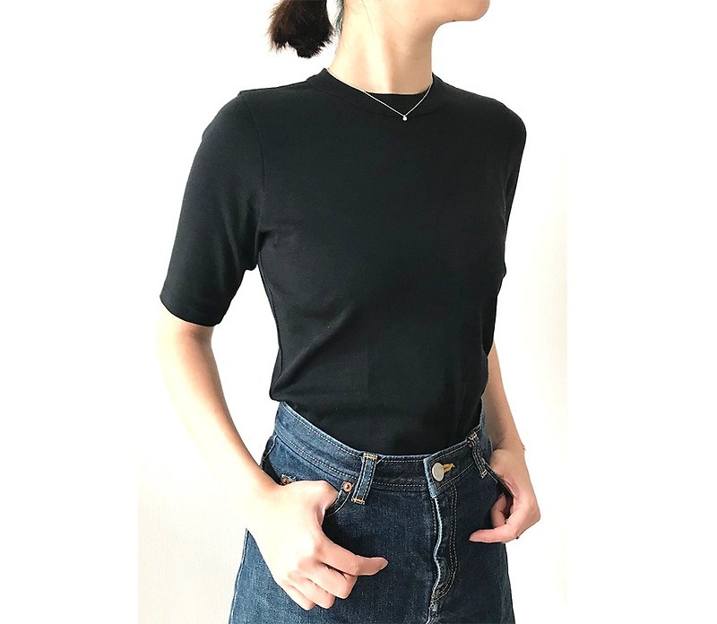 Made in Japan Organic cotton 4-quarter sleeve T-shirt stuck to shape BLACK - Women's T-Shirts - Cotton & Hemp Black