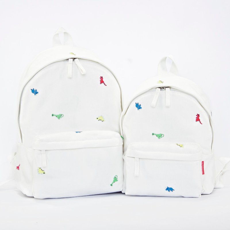 Dinosaur Embroidery Canvas Backpack (Mini, A4) / White/ for both adults and kids - กระเป๋าเป้สะพายหลัง - ผ้าฝ้าย/ผ้าลินิน ขาว