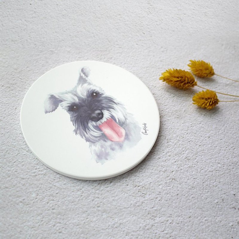 Watercolor Style Pet Portrait Coaster (Schnauzer-Grey) - Other - Pottery White