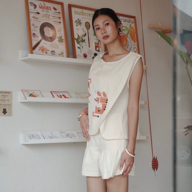 Tigie-Year of the Tiger – A set featuring a top and shorts crafted with a combin - 其他 - 棉．麻 白色