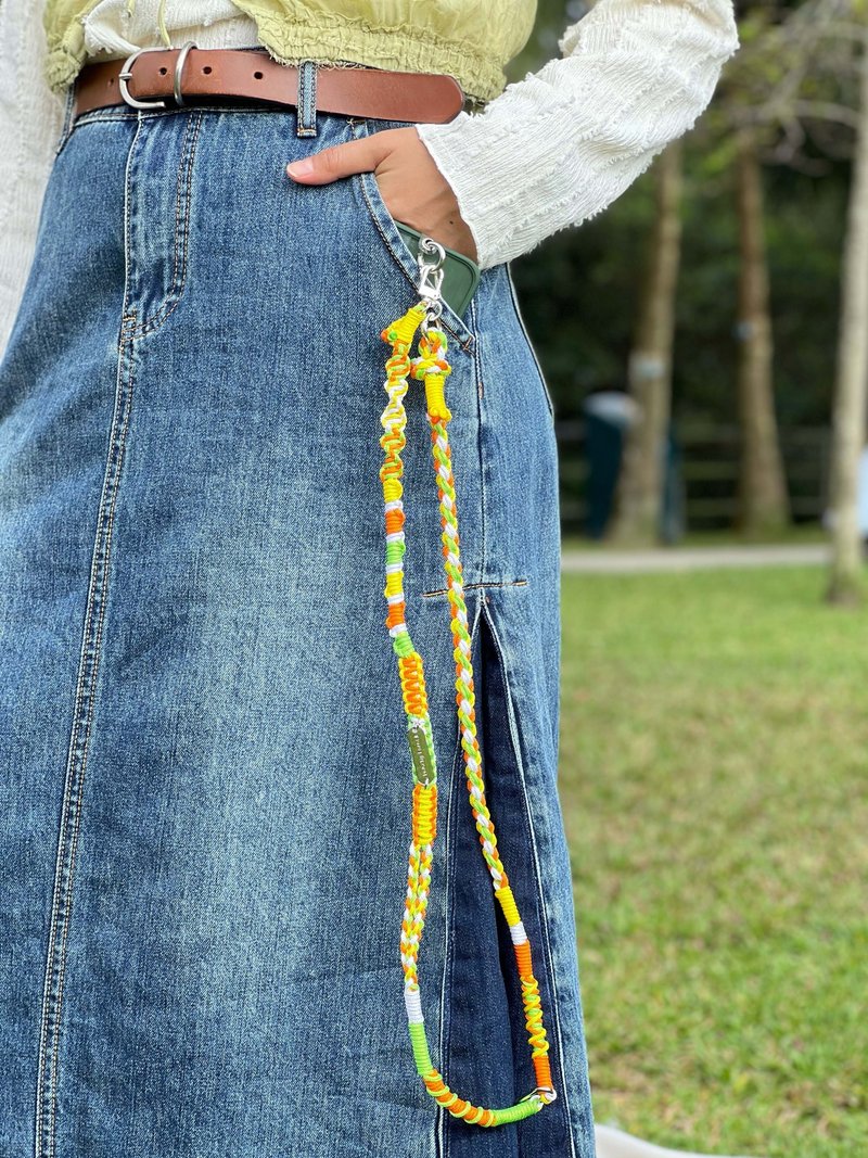 Braided mobile phone lanyard/telephone cord/cross-body strap | Fluorescent color | White, orange and green - เชือก/สายคล้อง - ผ้าไหม หลากหลายสี