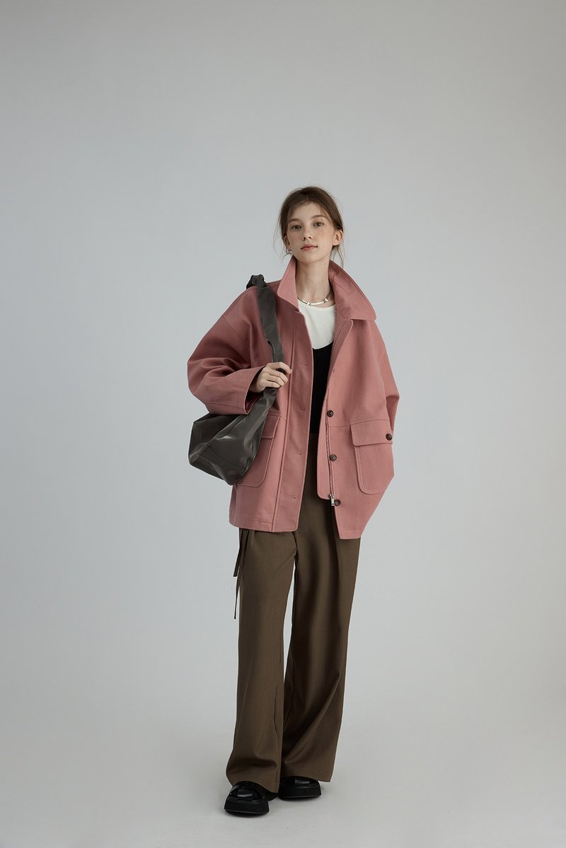 北歐春季 磨毛斜紋派克工裝夾克外套 - 女大衣/外套 - 其他材質 粉紅色