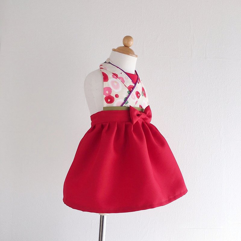 Kawaii Kimono Bib Dress  - Camellia Beige - Red - ผ้ากันเปื้อน - ผ้าฝ้าย/ผ้าลินิน สีแดง