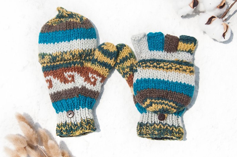 Hand-knitted pure wool knit gloves / detachable gloves / inner bristled gloves / warm gloves - blue Mediterranean - ถุงมือ - ขนแกะ หลากหลายสี