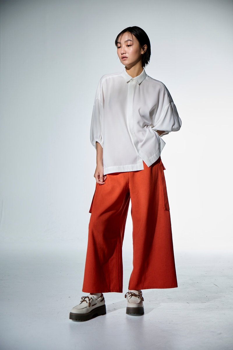 大口袋剪接長寬褲 - 女長褲 - 其他材質 