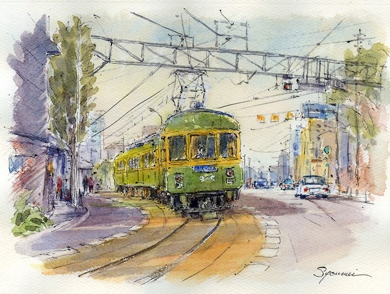 Enoshi running watercolor shopping district - โปสเตอร์ - กระดาษ สีกากี