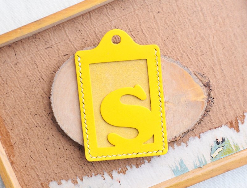 Initial S letter ID cover well stitched leather material bag card holder business card holder free engraving - เครื่องหนัง - หนังแท้ สีเหลือง