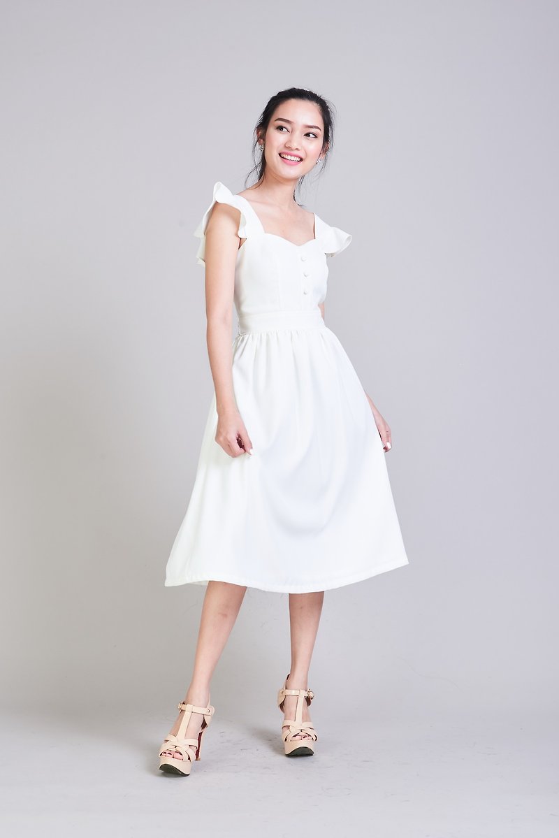 ホワイトドレス、ウエディングドレス、フリルスリーブ、ビンテージスタイルのウェディングドレスヴィンテージスタイルのドレスホワイト - ワンピース - ポリエステル ホワイト