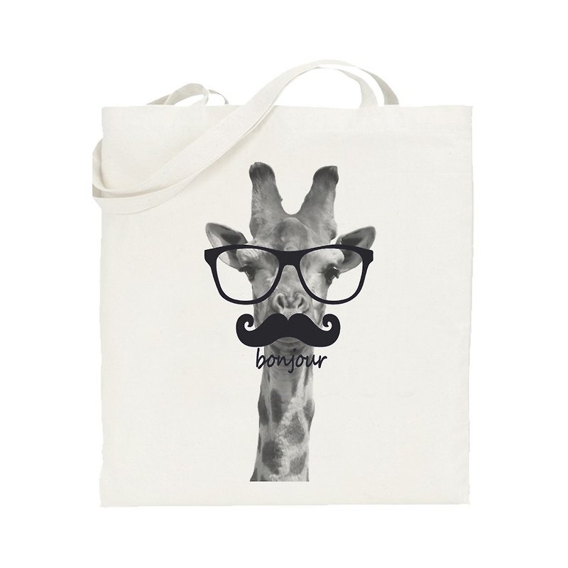 Giraffe-bonjour Giraffe French Hello Wenqing Simple Original Fresh Canvas Art Environmental Shopping One-shoulder Tote Bag-Beige - กระเป๋าแมสเซนเจอร์ - วัสดุอื่นๆ ขาว