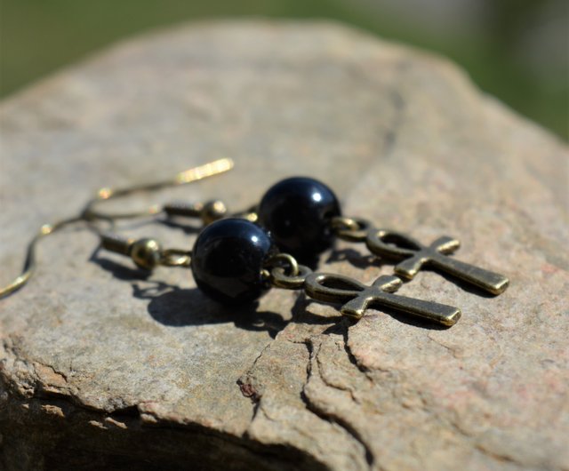 アンクブラックオニキスピアスジェムストーンエジプシャンキー