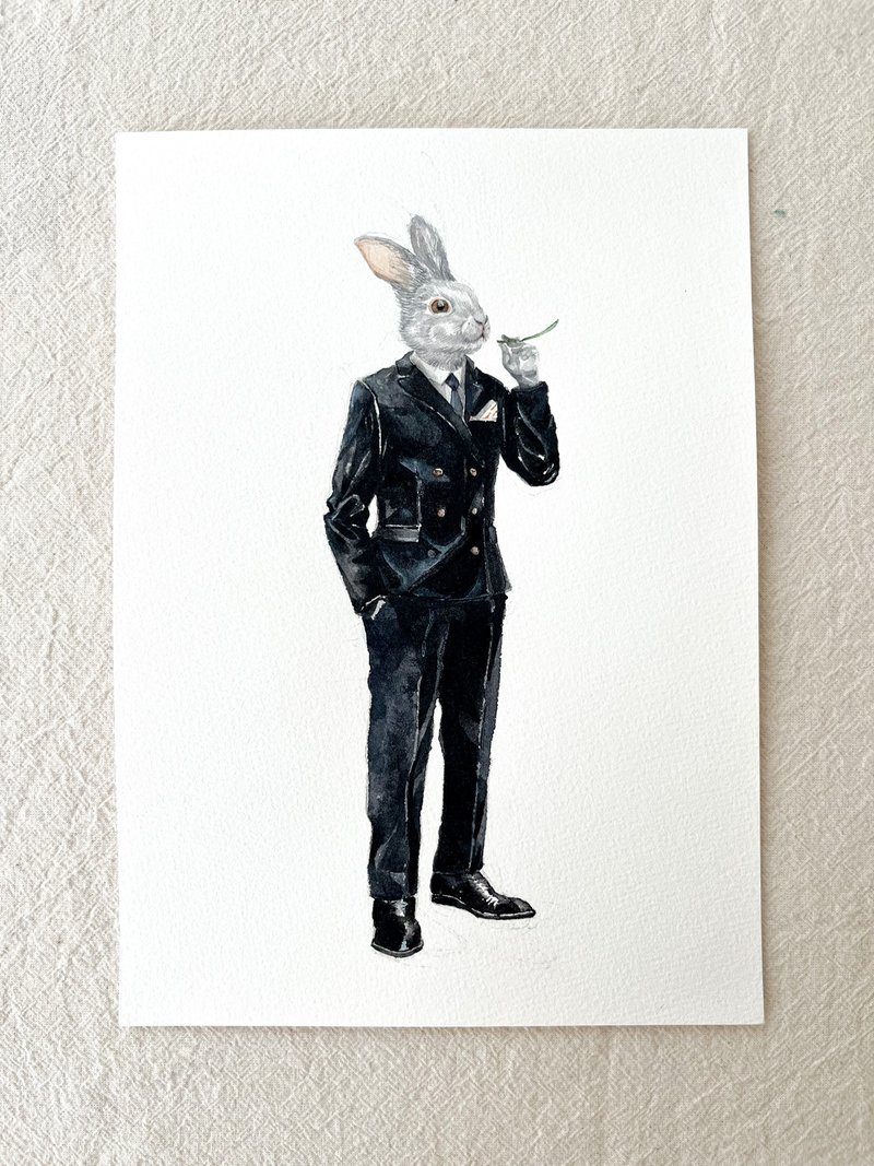 Suit series rabbit watercolor original painting - ภาพวาดบุคคล - กระดาษ สีดำ