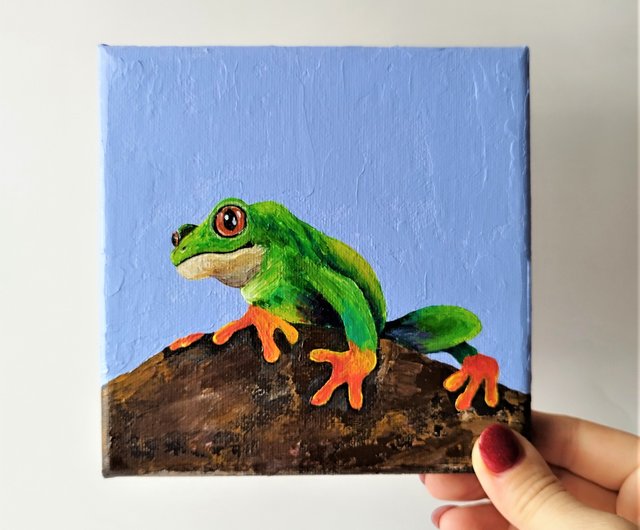 原画　カエル　動物画　絵画　アクリル画　現代アート　細密画　一点物　手描き 手描きのアクリルカエルアートワーク - 動物アート愛好家のため