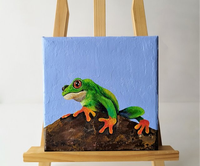 原画　カエル　動物画　絵画　アクリル画　現代アート　細密画　一点物　手描き 原画 牛 動物画 絵画 アクリル画 現代アート 細密画 一点物
