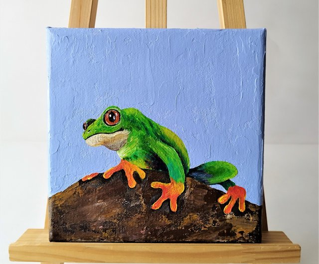 原画　カエル　動物画　絵画　アクリル画　現代アート　細密画　一点物　手描き 手描きのアクリルカエルアートワーク - 動物アート愛好家のため