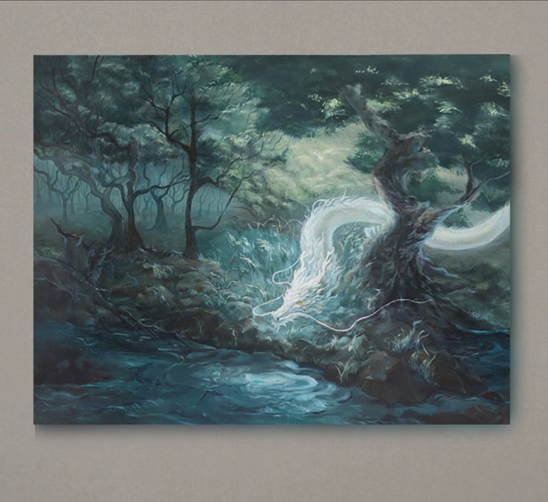 Pure hand-painted landscape white dragon oil painting - ภาพวาดบุคคล - วัสดุอื่นๆ หลากหลายสี