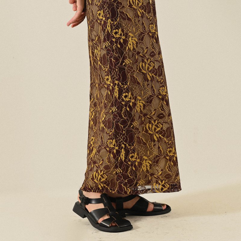 【NaSuBi Vintage】精工蕾絲高腰古著長裙 - 裙子/長裙 - 其他人造纖維 