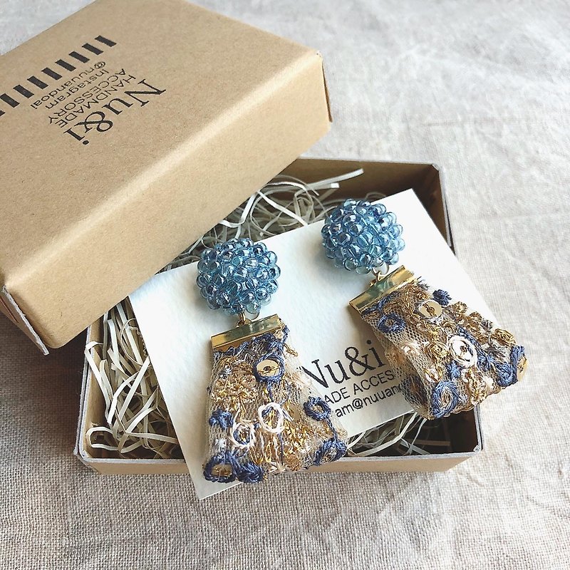 Blue bead embroidery and ribbon earrings - Earrings & Clip-ons - Other Materials Blue