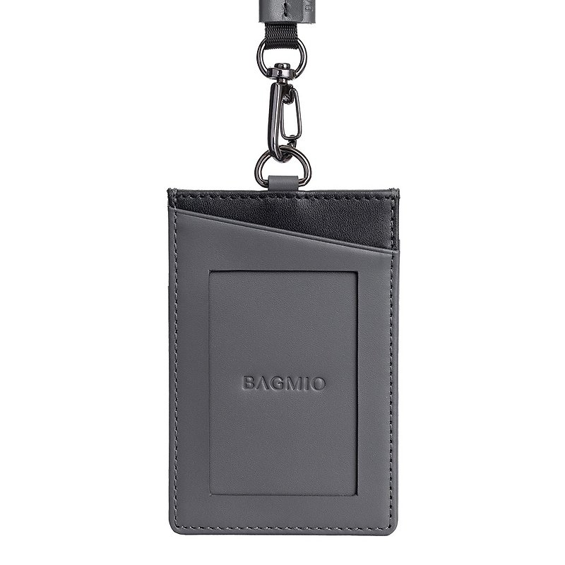 Two-color cowhide three-card straight ID holder/with webbing-grey black - ที่ใส่บัตรคล้องคอ - หนังแท้ สีเทา