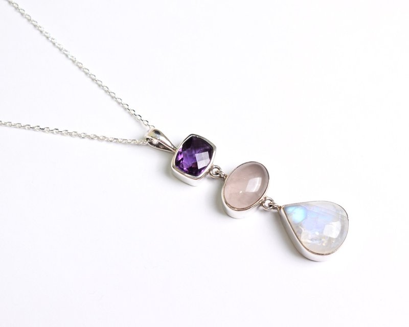 Amulet jewelry Rainbow moonstone, amethyst, rose quartz pendant top - Necklaces - Gemstone Pink