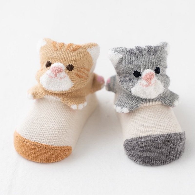 [NEW!!]2412201 Animal three-dimensional socks Cat pop-up socks Made in Japan Gray/Beige 2 colors available XS 9cm to 12cm - Baby Socks - Cotton & Hemp Gray