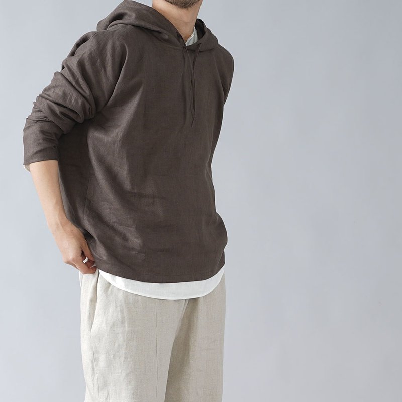 wafu for beginners! - 亞麻 連帽衫 Linen Unisex Hoodie / Adove Brown t047e-abn2 - 帽T/大學T - 棉．麻 咖啡色