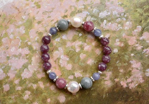 CaWaiiDaisy Handmade Jewelry 紫鋰雲母+鷹眼石+珍珠+桃紅碧璽+丹泉石純銀水晶手鍊