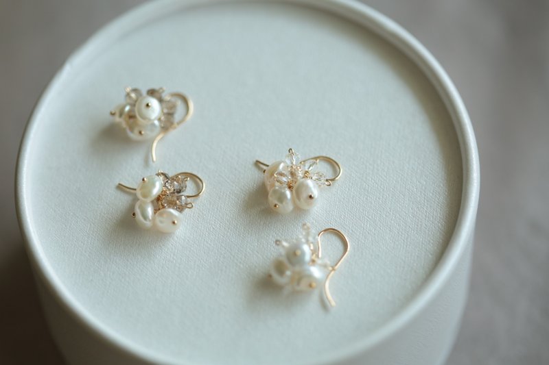 Rich Series Earrings│14KGF Natural Pearl Tea Crystal White Crystal Changeable Clip - Earrings & Clip-ons - Pearl White