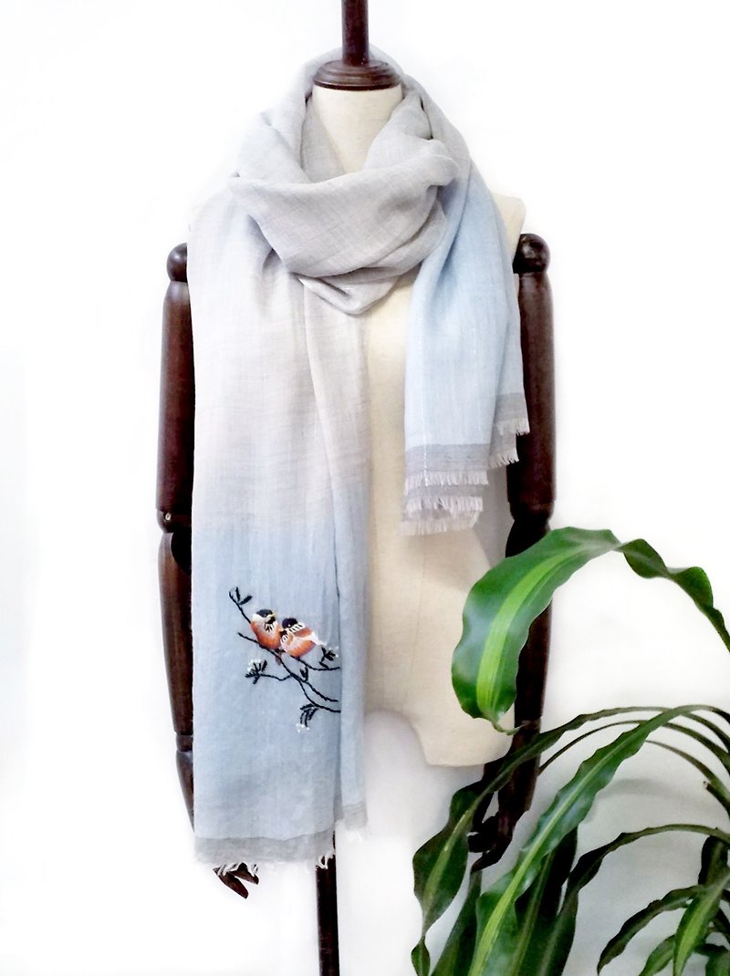 ラグジュアリー300超薄型フルカシミア手刺繍スカーフ - 鳥と花 - マフラー・ストール - ウール 