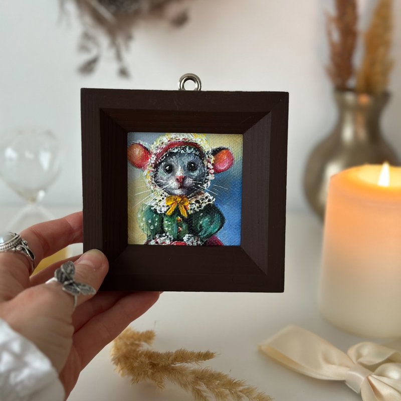 Mini painting Mouse, Mouse framed miniature, Forest art, Vintage animal portrait - 擺飾/家飾品 - 壓克力 咖啡色