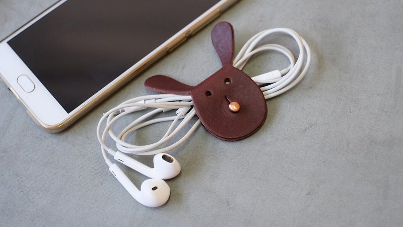 Leather Earphone Wrap / Headphone Holder / Cable Tidy - Dark Brown - 捲線器/電線收納 - 真皮 咖啡色