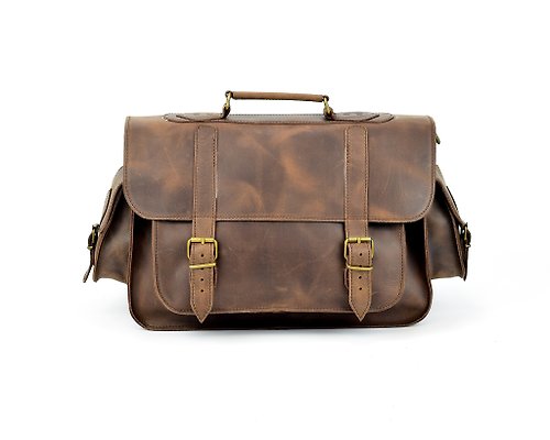LeatherStrata Leather Messenger Bag Men Waxed Leather Briefcase 15inch Laptop Bag Gift for Men