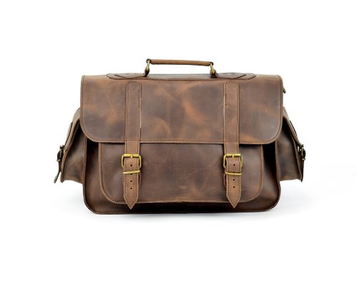 LeatherStrata Leather Messenger Bag Men Waxed Leather Briefcase 15inch Laptop Bag Gift for Men