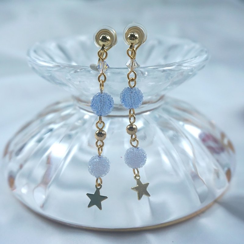 耳畔的流星 手作流蘇耳夾 日本糖球星星耳釘耳針 小眾飾品 禮物 - 耳環/耳夾/耳骨夾 - 其他材質 藍色