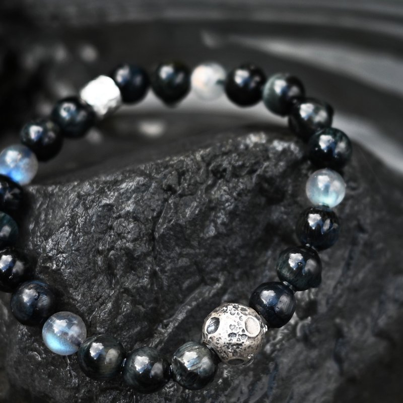 Zhou zhu blue Stone labradorite natural stone 925 sterling silver bead bracelet - Bracelets - Gemstone Black