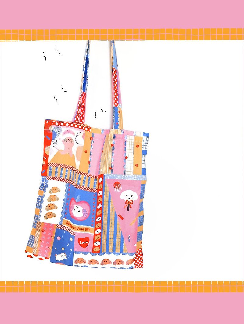 Homemade illustration cute pet teddy dog eco bag totebag - Messenger Bags & Sling Bags - Other Materials Pink
