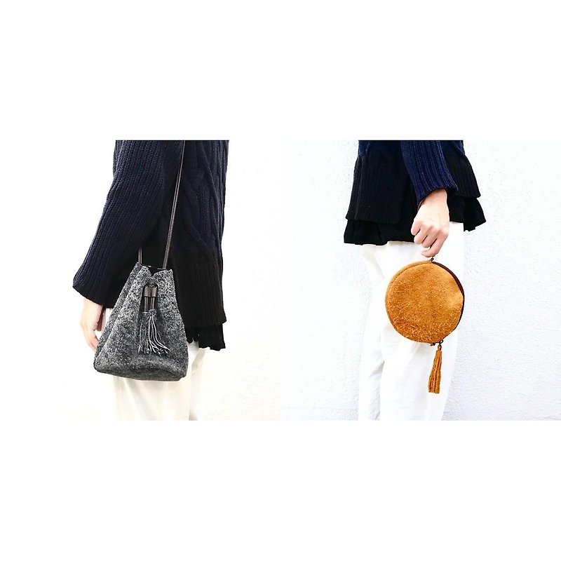 【Winter Happy Bag】 Color Selection possible [Genuine Leather] Angela Velor with Tassel 2 WAY Drawstring Bag with Tassel 2 Way Pochette - กระเป๋าเครื่องสำอาง - หนังแท้ สีเทา