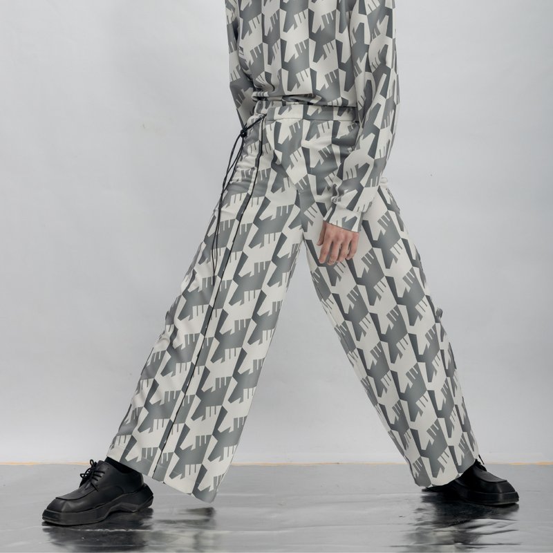 INF 不對稱門襟擋片印花寬褲 / 寂靜灰 - 男長褲/休閒褲 - 聚酯纖維 銀色