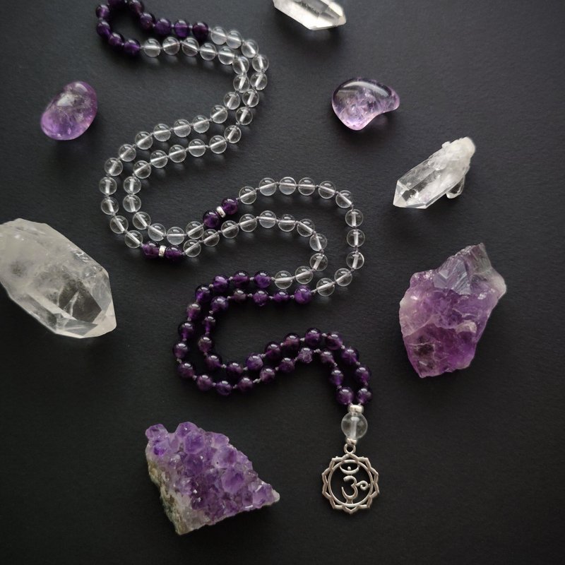 Mala SAHASRARA Amethyst and Clear Quartz Japa Mala 108 beads, Crown Chakra Medit - Necklaces - Semi-Precious Stones Purple