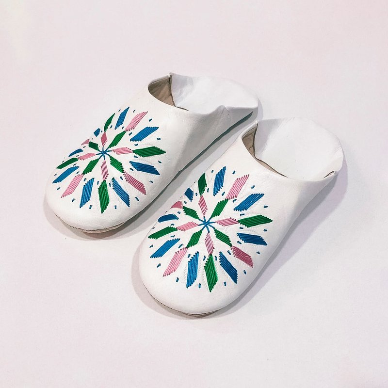 【Babouche 手工鞋】繽紛小花－圓 / 摩洛哥 - 室內拖鞋 - 真皮 白色