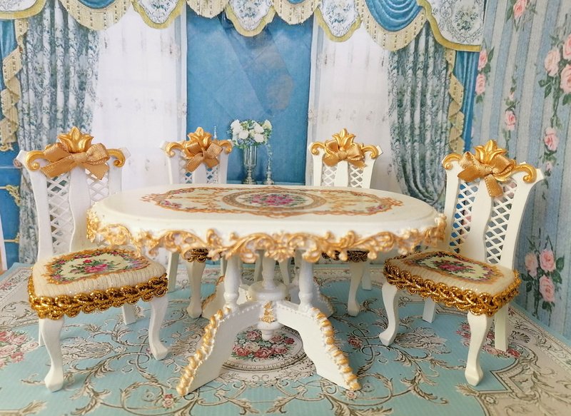 1:12 scale. Table + 4 chairs. puppet miniature. - บอร์ดเกม - ไม้ ขาว