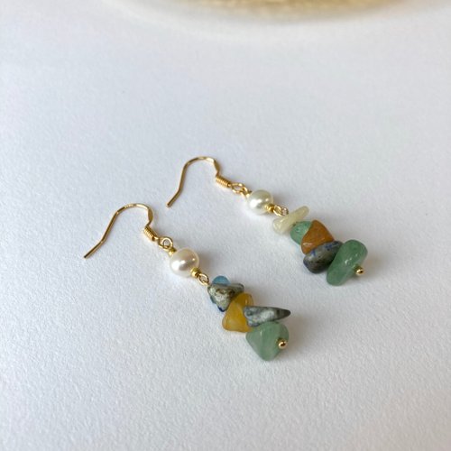 KAREN JEWELRY 14K包金 不規則天然石串綴淡水珍珠耳環