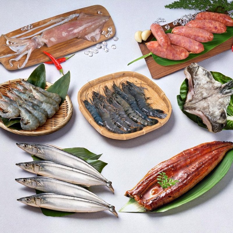 中秋極品烤饗盒(草蝦+白蝦+秋刀魚+透抽+飛魚卵香腸+魚下巴+鰻魚) - 其他 - 新鮮食材 